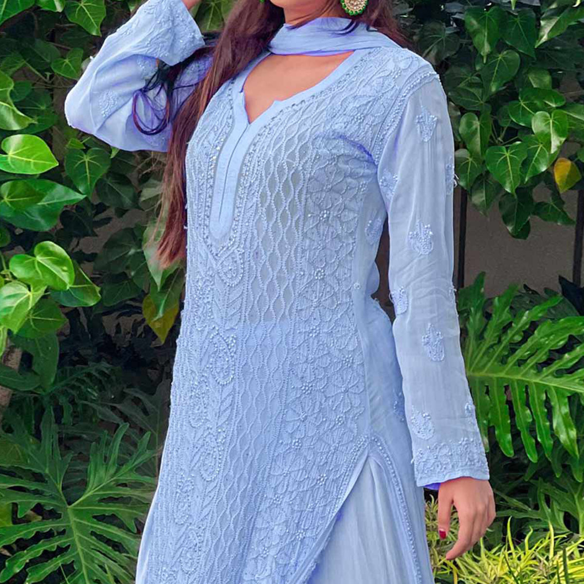 Buy Traditional Wear Blue Lucknowi Work Rayon Kurti With Palazzo Online  From Surat Wholesale Shop.
